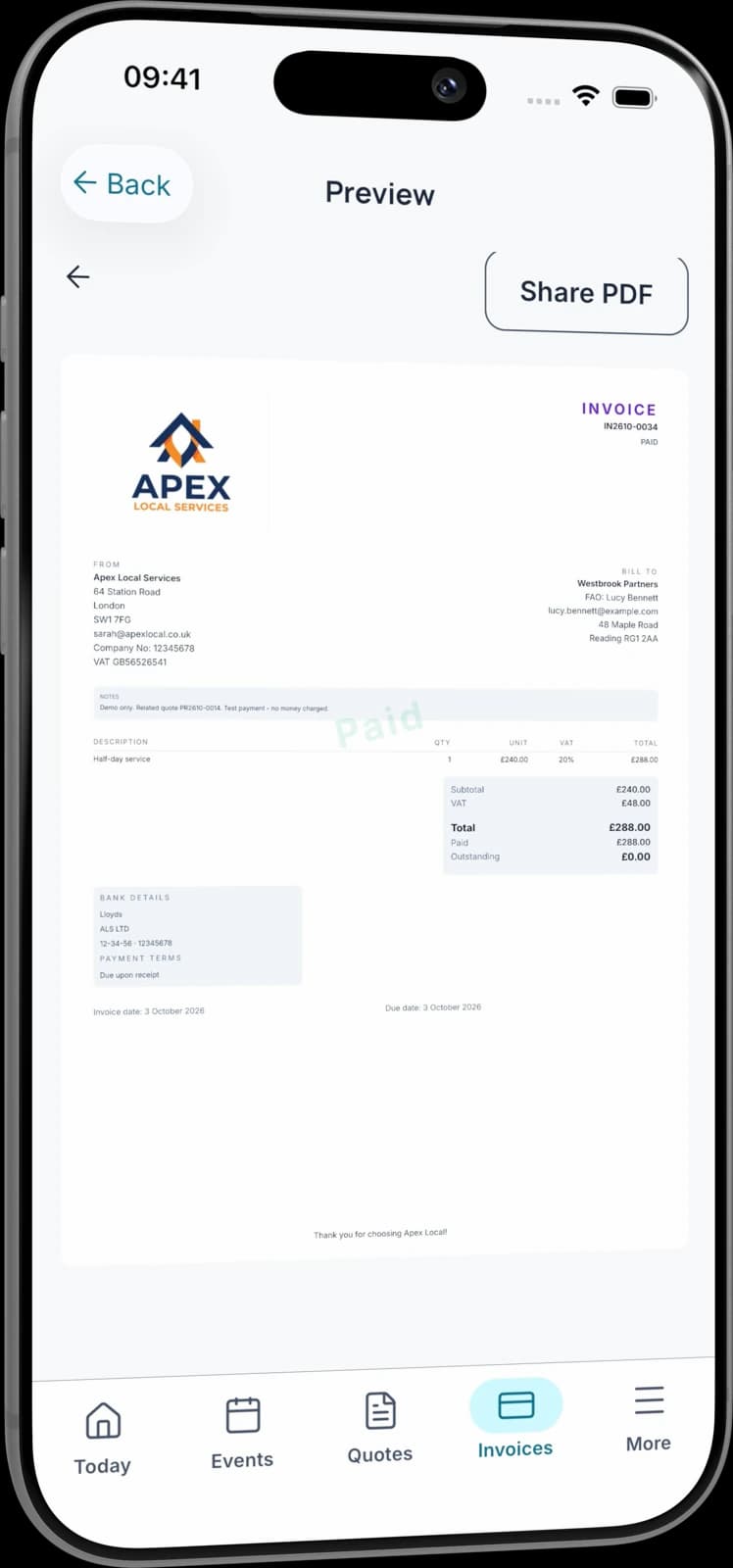 The related £288 Westbrook Partners demo invoice, paid with £0 outstanding