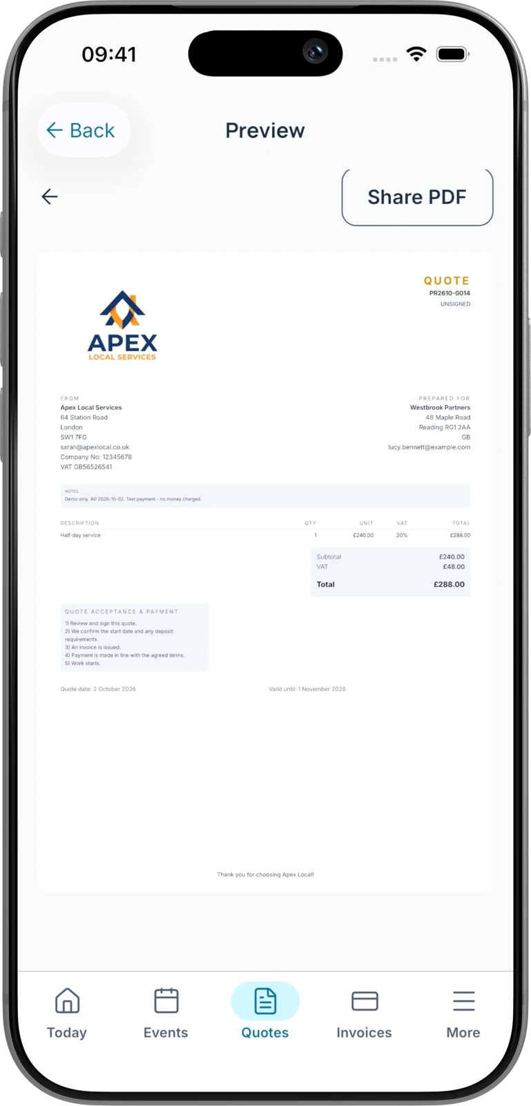 Apex demo quote for Westbrook Partners totalling £288