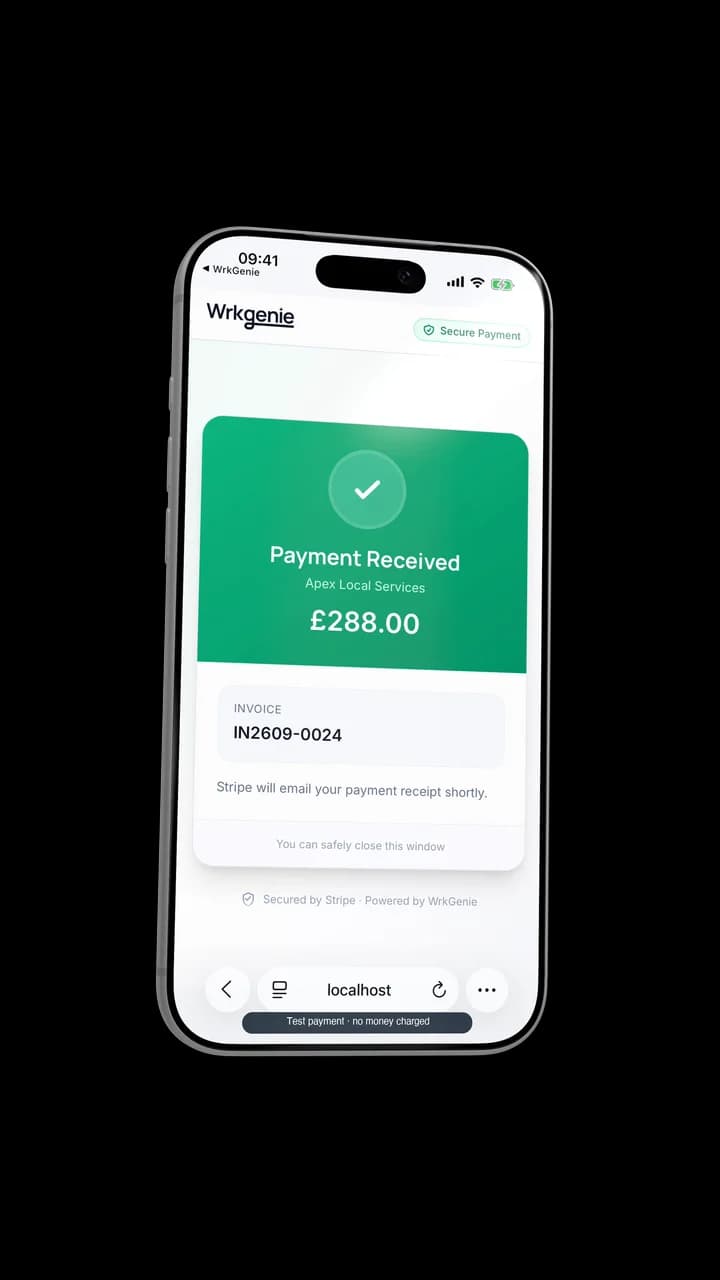 Apex Local Services sending an invoice and demonstrating a test payment in WrkGenie