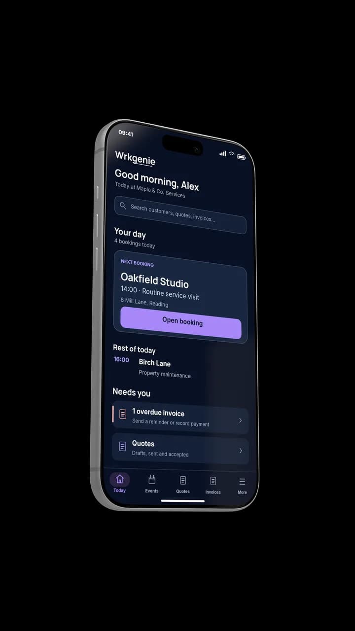 WrkGenie mobile app running on a phone