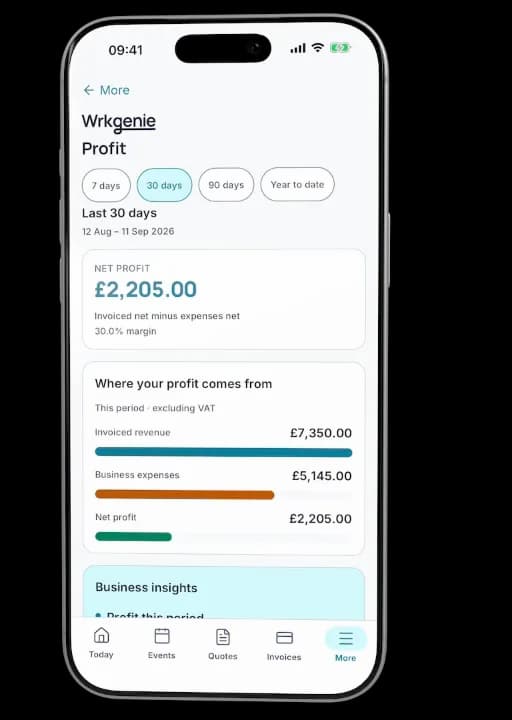 Apex Local Services reviewing profit, recording expenses and organising staff bookings in WrkGenie Pro