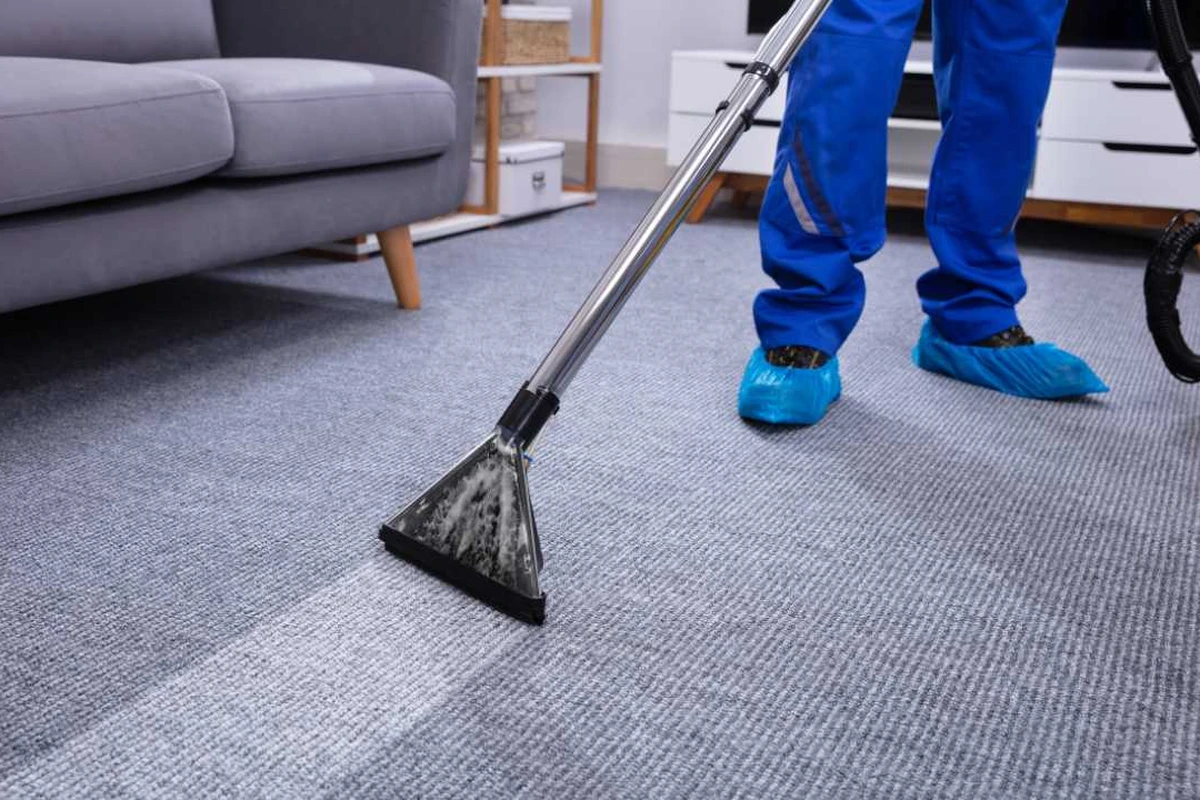Steam cleaning carpet with extraction machine in bright room